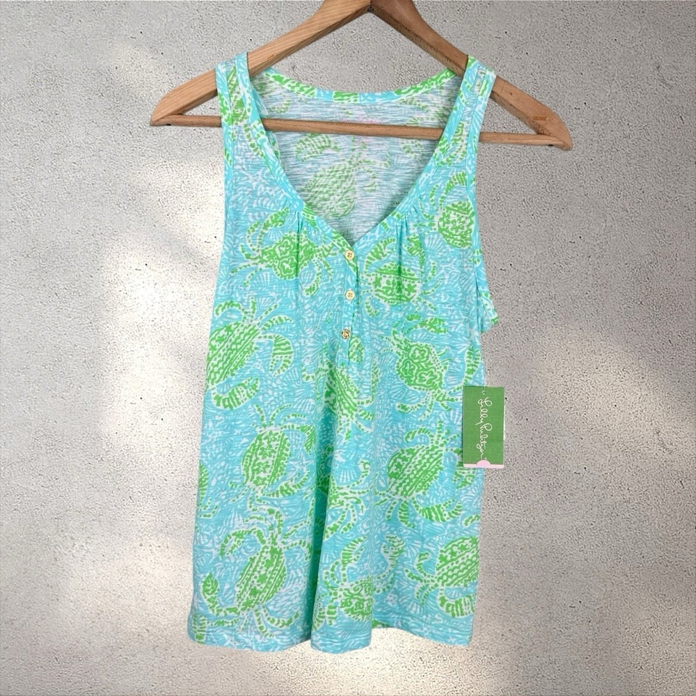 Lilly Pulitzer Hartley Tank Top Get Crackin Crab‎ Pattern Green & Blue Sz S NWT